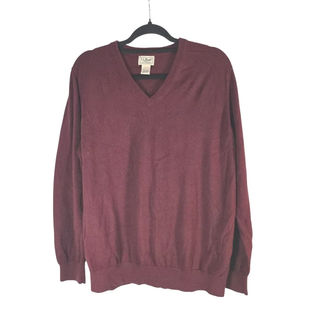 L.L.Bean Men's XL Regular V-Neck Cotton Cashmere Sweater Maroon Burgundy
